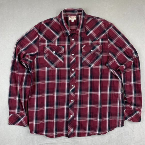 True Religion Men Shirt 2XL Red Plaid Western Snap Button Up Long Sleeve Pockets - Picture 1 of 10